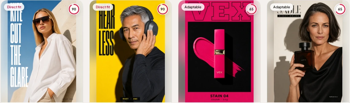 Ad Radar reference ads, each with a fit label and a Radar signal score