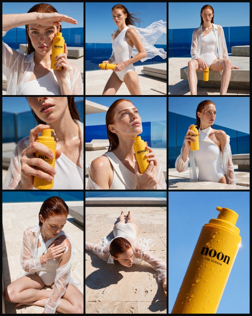 A seaside campaign for the demo sunscreen brand Noon, made with Lomar