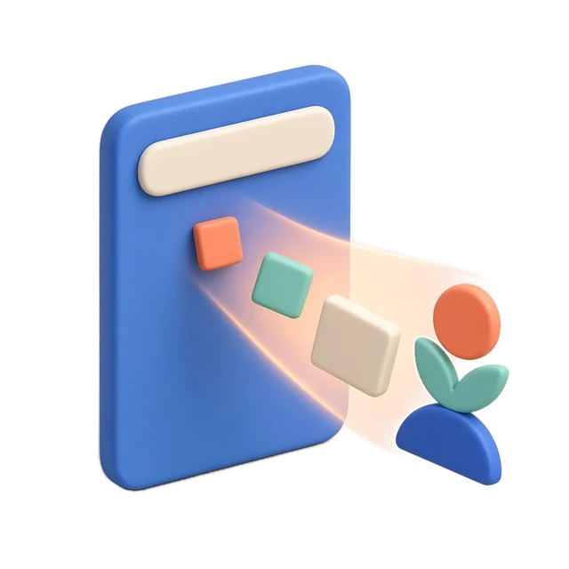 Clay illustration: a product link turning into brand colour and shape cards