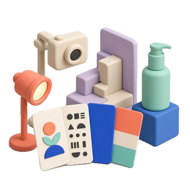 Clay illustration: a studio set with a camera, a lamp, a product bottle and colour swatches