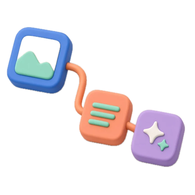 Clay illustration: an image tile connected to a brief and a finished result