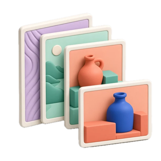 Clay illustration: a stack of finished campaign frames ready to publish