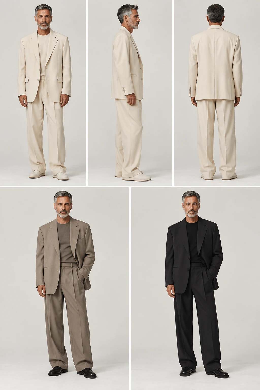 Lookbook result: one model in a suit, shown from the front, side and back, plus two more colourways